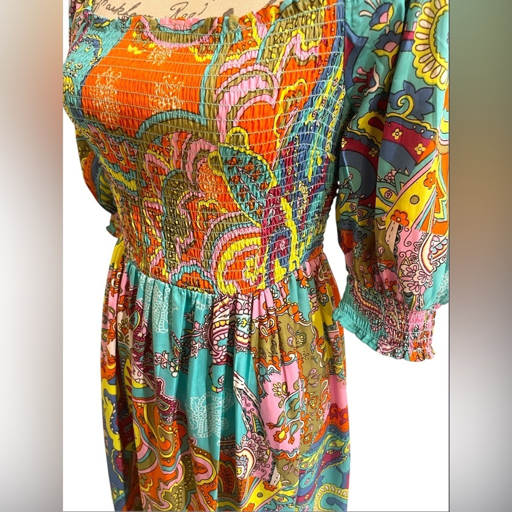 Wishing Waves Vibrant Orange and Blue Paisley Tiered Maxi Sundress Size Medium - Picture 7 of 7